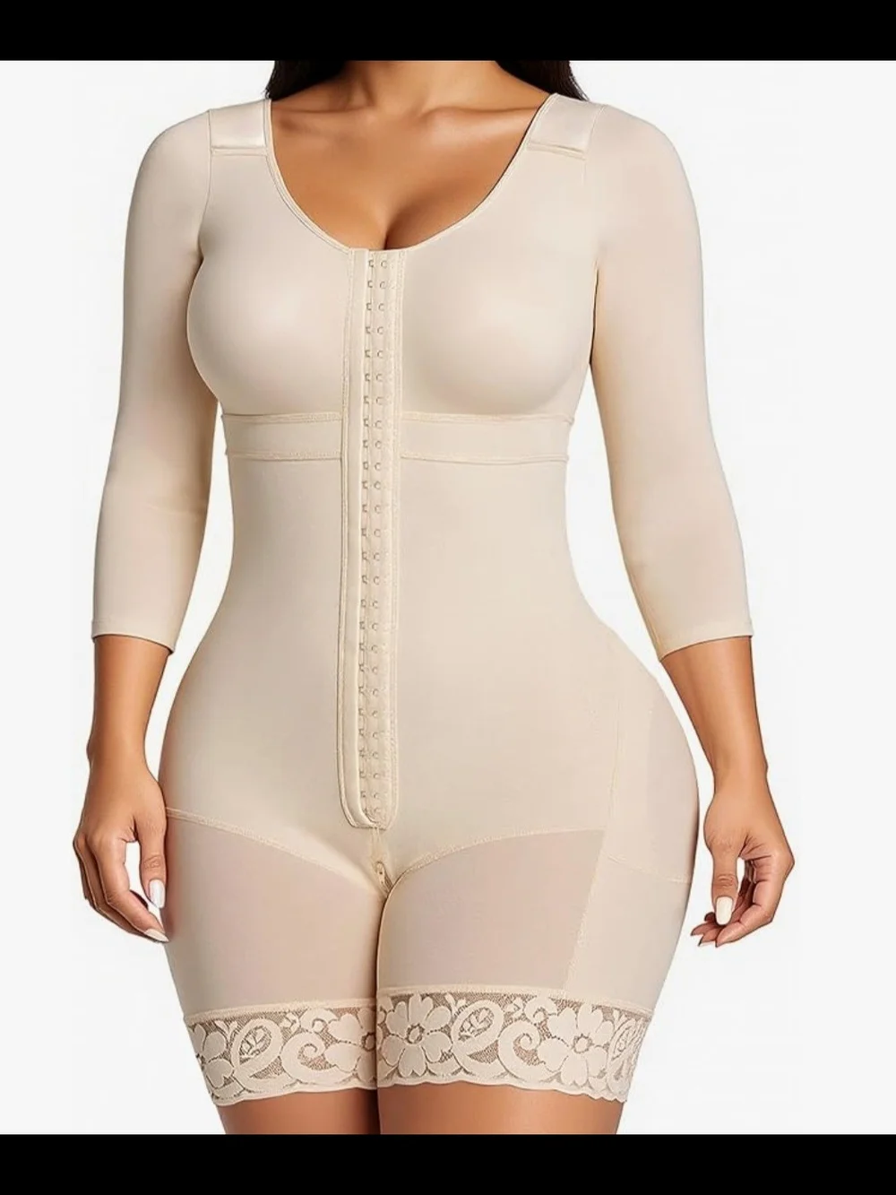 Full-Body Sculpting Shapewear Bodysuit with 3/4 Sleeves - Beige